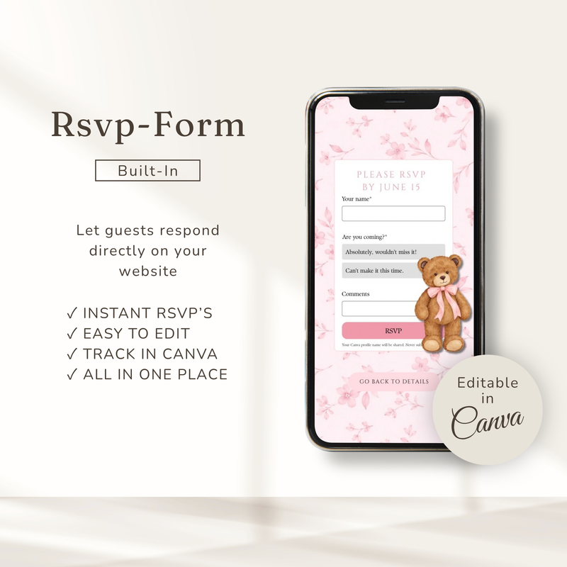 Teddy Bear Girl Baby Shower Website Invitation with RSVP BS342