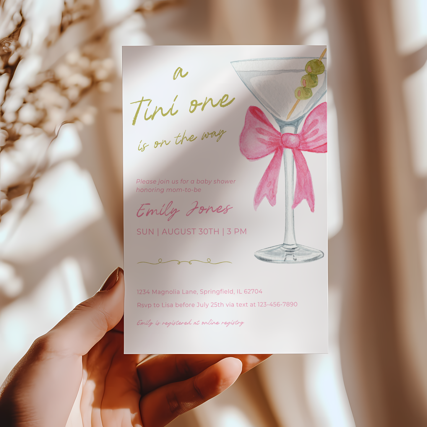 Baby Shower Invitation - Pink Martini A Tini One Is On The Way BS123