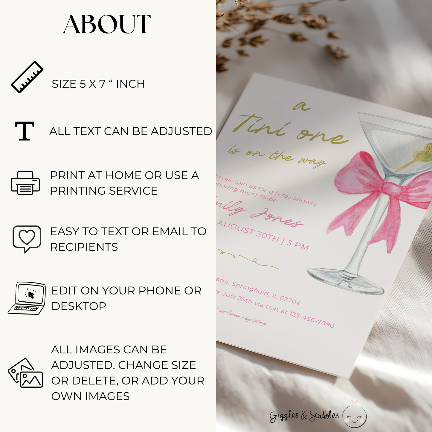 Baby Shower Invitation - Pink Martini A Tini One Is On The Way BS123