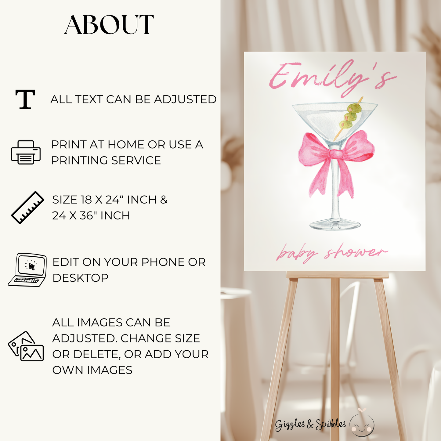 Baby Shower Welcome Sign - Martini A Tini One Is On The Way Pink Bow BS123