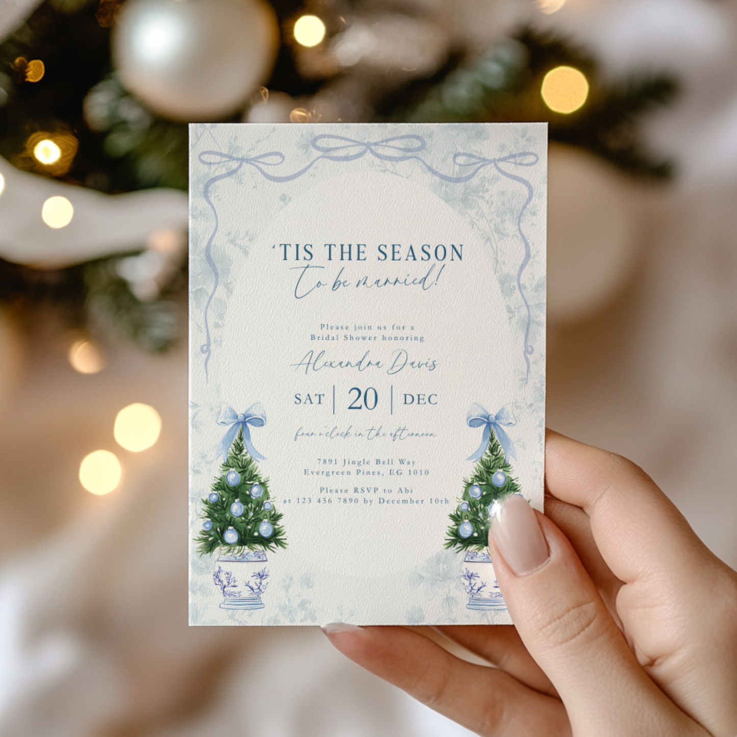'Tis the Season To Be Married Bridal Shower Invitation Template Blue L40