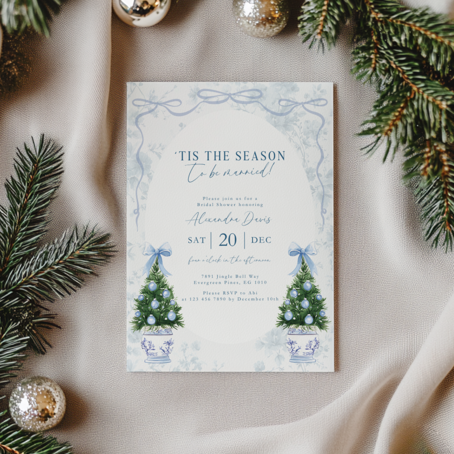 'Tis the Season To Be Married Bridal Shower Invitation Template Blue L40