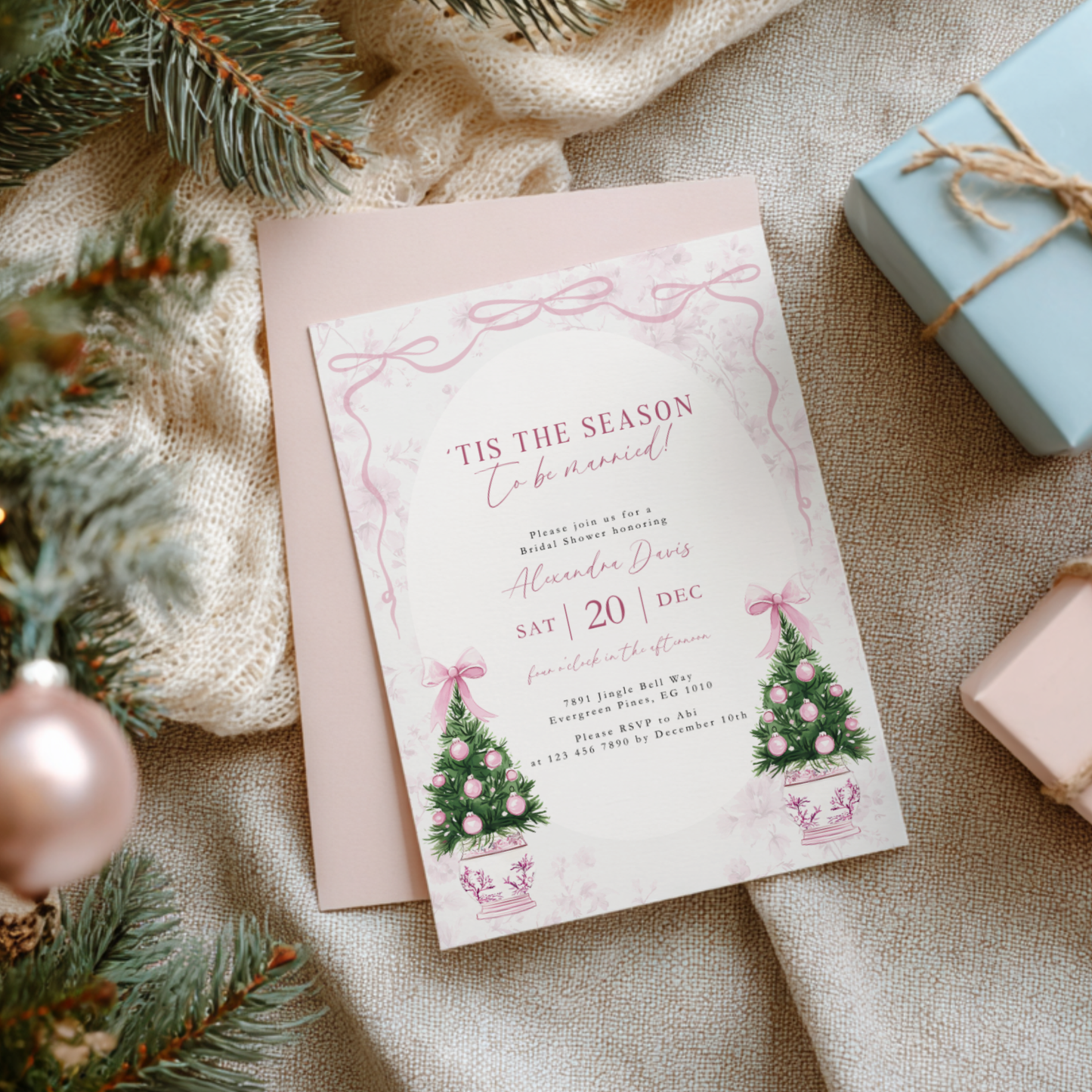 Elegant Pink Christmas Bridal Shower Invitation 'Tis the Season to be Married L40