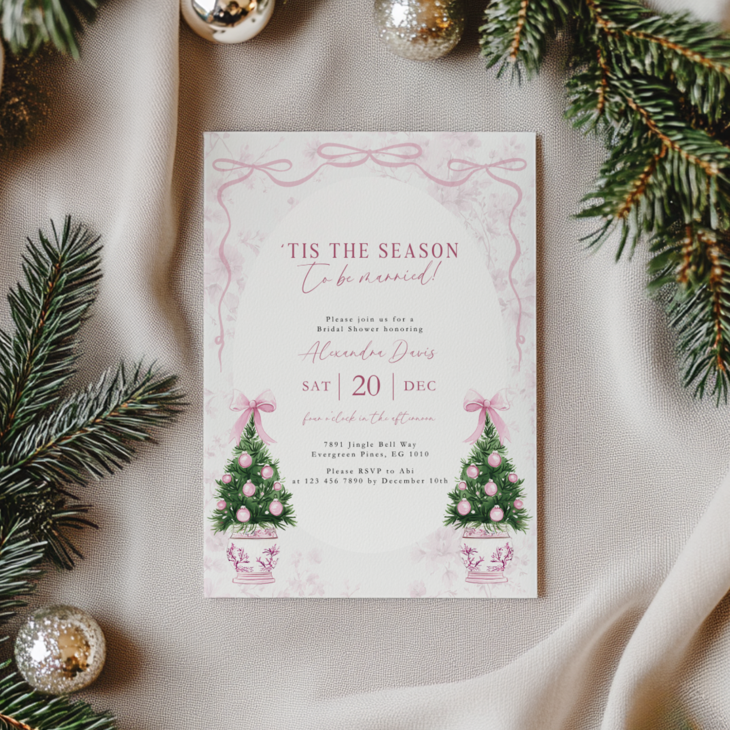 Elegant Pink Christmas Bridal Shower Invitation 'Tis the Season to be Married L40