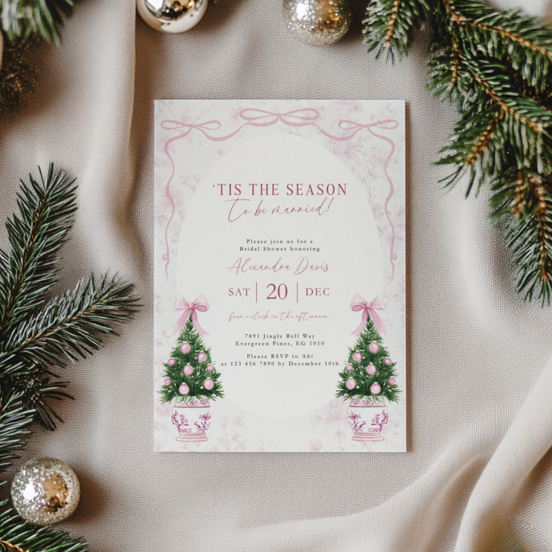 Elegant Pink Christmas Bridal Shower Invitation 'Tis the Season to be Married L40