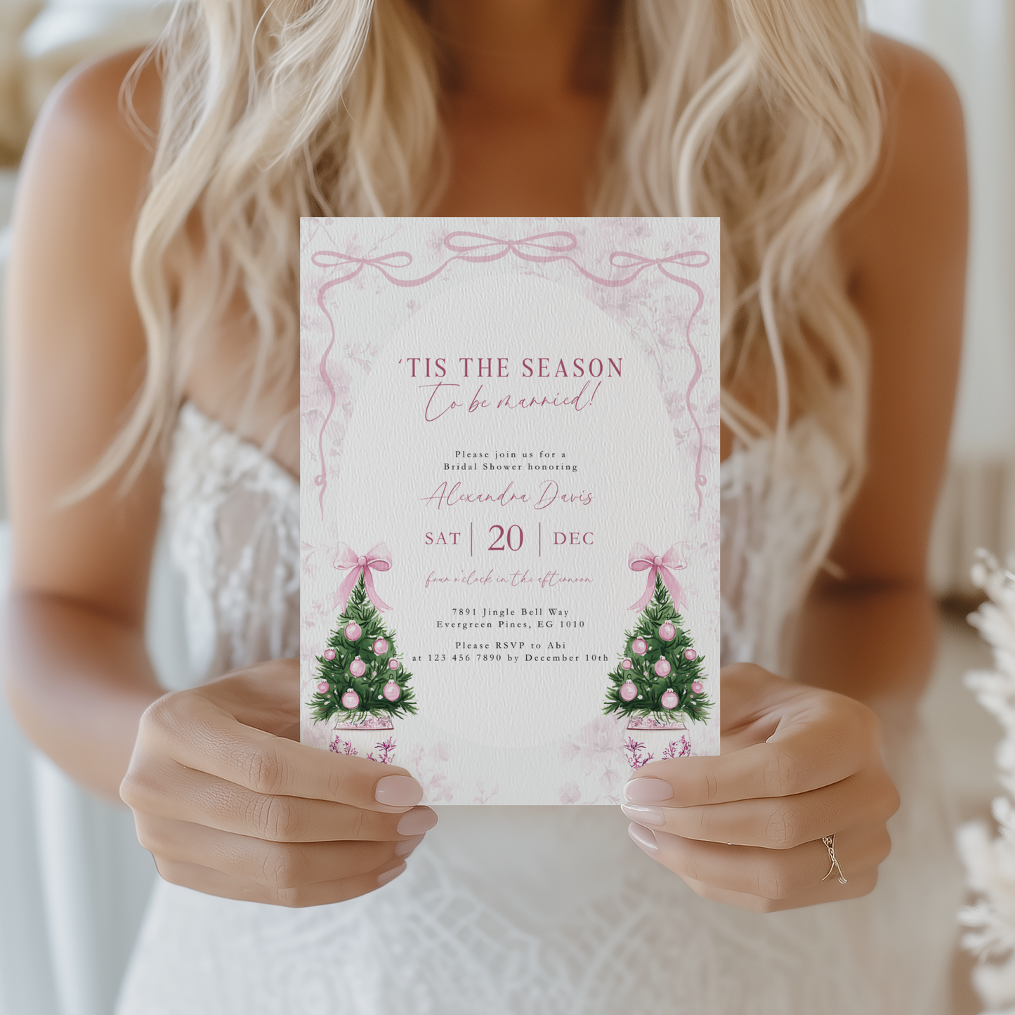 Elegant Pink Christmas Bridal Shower Invitation 'Tis the Season to be Married L40