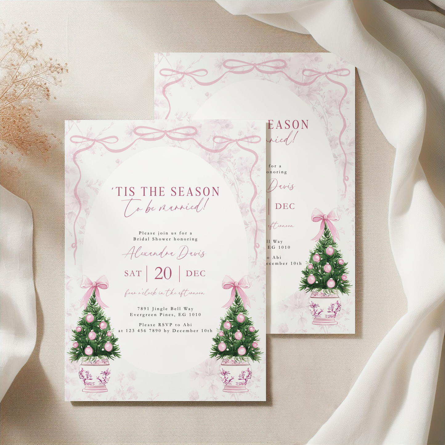 Elegant Pink Christmas Bridal Shower Invitation 'Tis the Season to be Married L40
