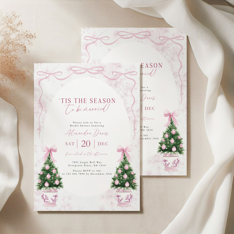 Elegant Pink Christmas Bridal Shower Invitation 'Tis the Season to be Married L40