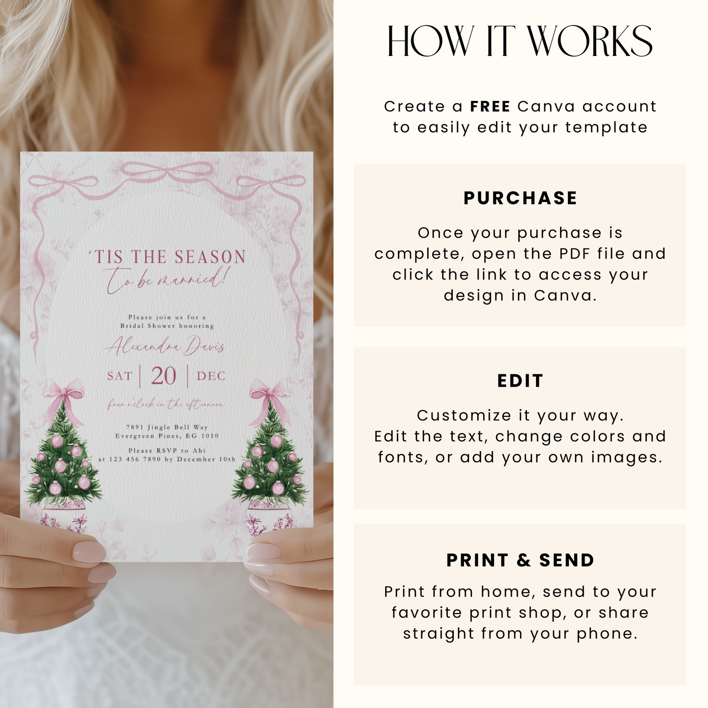 Elegant Pink Christmas Bridal Shower Invitation 'Tis the Season to be Married L40