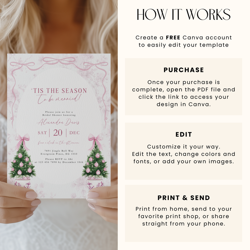 Elegant Pink Christmas Bridal Shower Invitation 'Tis the Season to be Married L40
