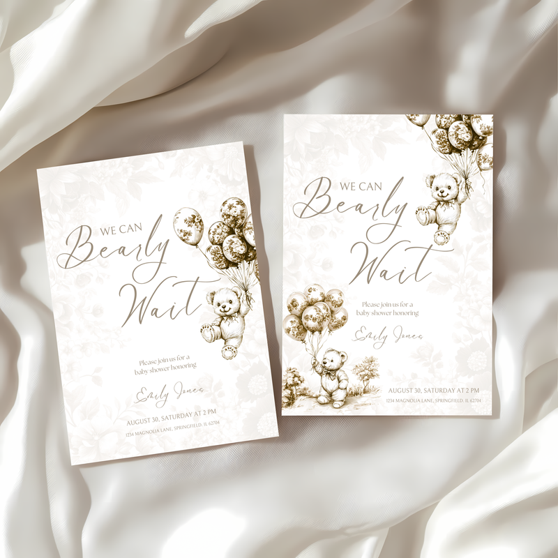 Baby Shower Invitation - Beige Bearly Wait Toile de Jouy BS36