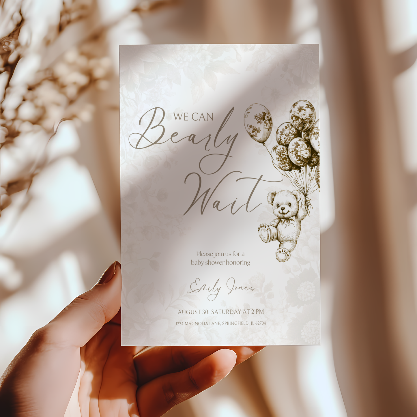 Baby Shower Invitation - Beige Bearly Wait Toile de Jouy BS36