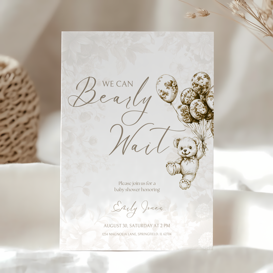 Baby Shower Invitation - Beige Bearly Wait Toile de Jouy BS36