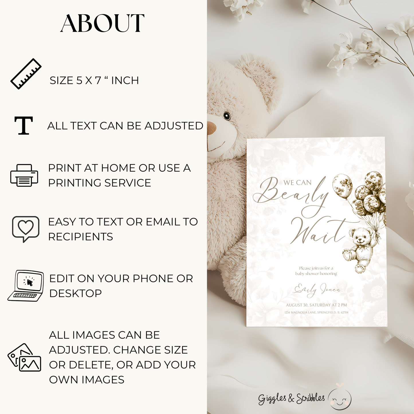 Baby Shower Invitation - Beige Bearly Wait Toile de Jouy BS36