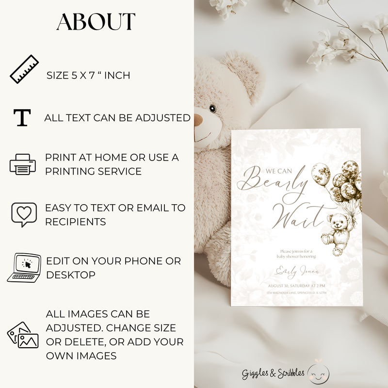 Baby Shower Invitation - Beige Bearly Wait Toile de Jouy BS36