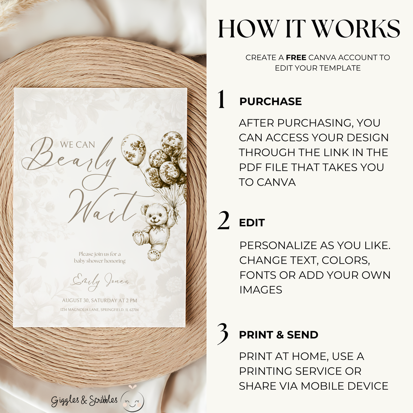 Baby Shower Invitation - Beige Bearly Wait Toile de Jouy BS36