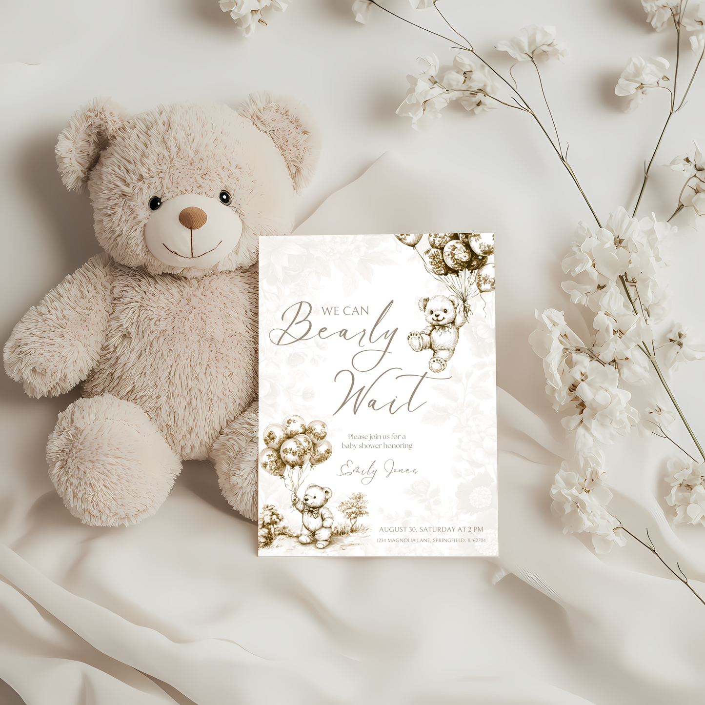 Baby Shower Invitation - Beige Bearly Wait Toile de Jouy BS36