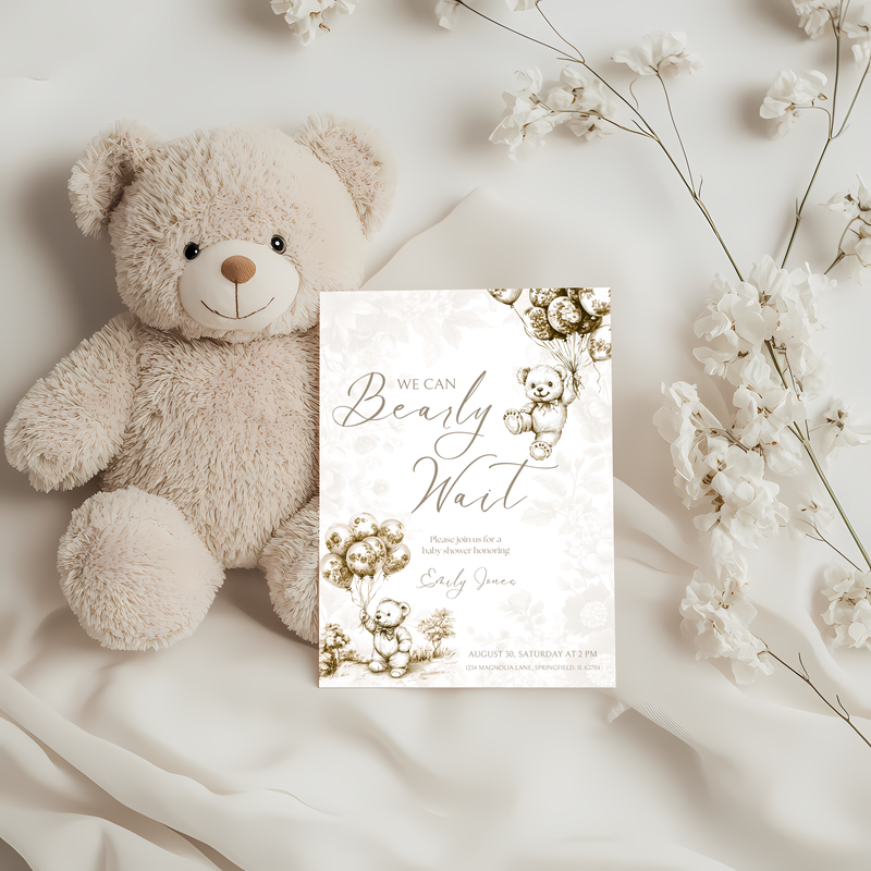 Baby Shower Invitation - Beige Bearly Wait Toile de Jouy BS36