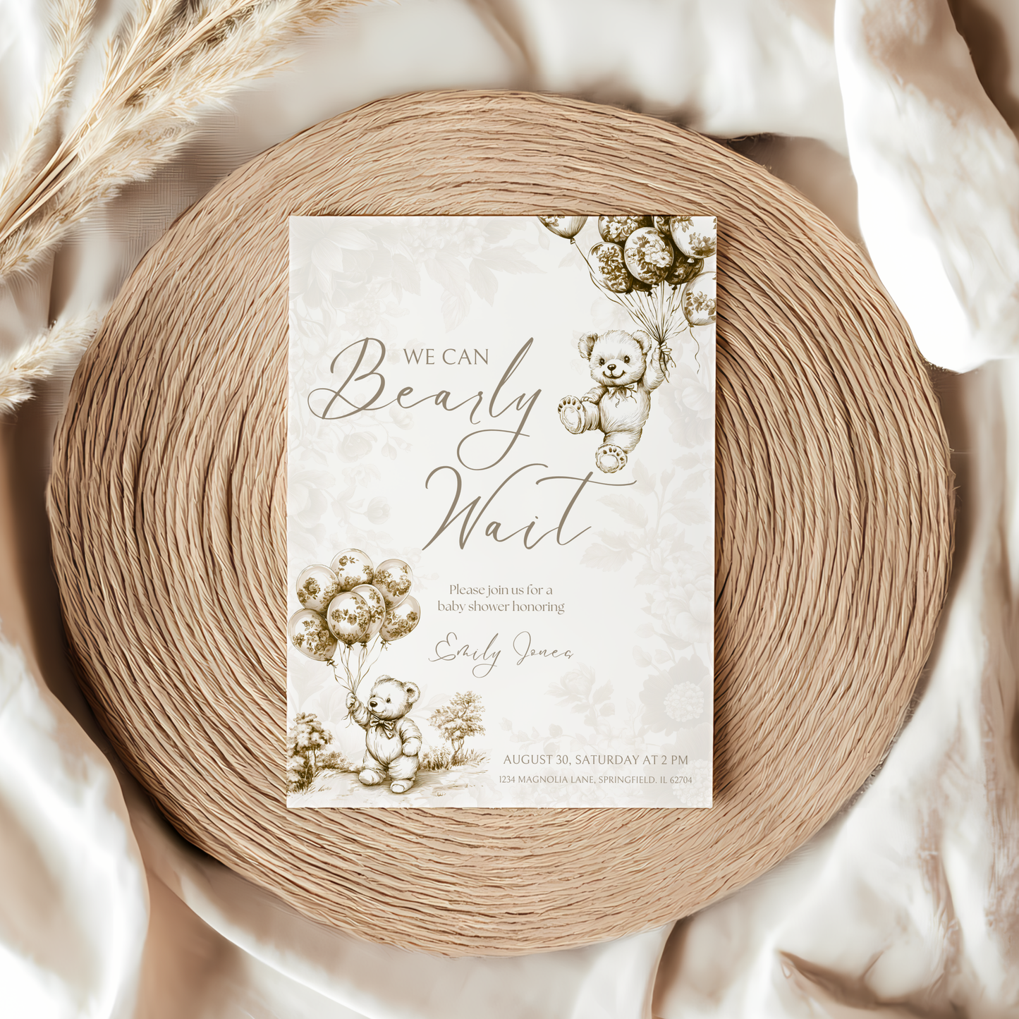 Baby Shower Invitation Bundle - Beige Bearly Wait Toile de Jouy BS36