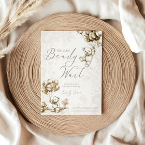 Baby Shower Invitation - Beige Bearly Wait Toile de Jouy BS36