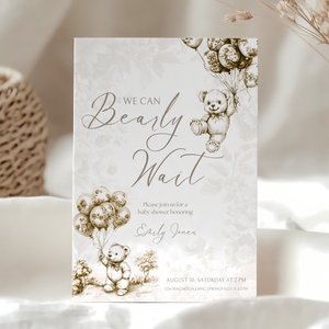 Baby Shower Invitation - Beige Bearly Wait Toile de Jouy BS36