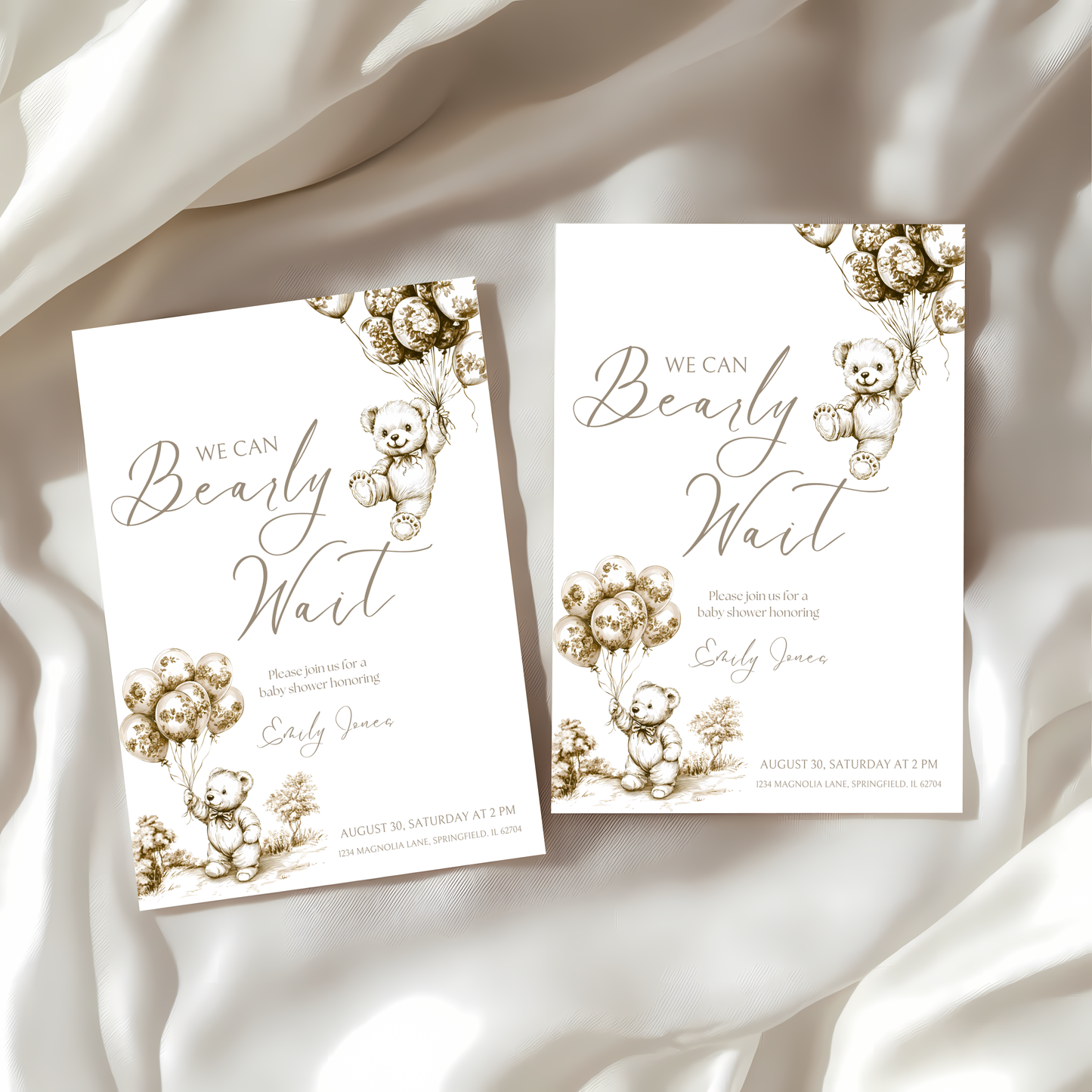 Baby Shower Invitation - Beige Bearly Wait Toile de Jouy BS36