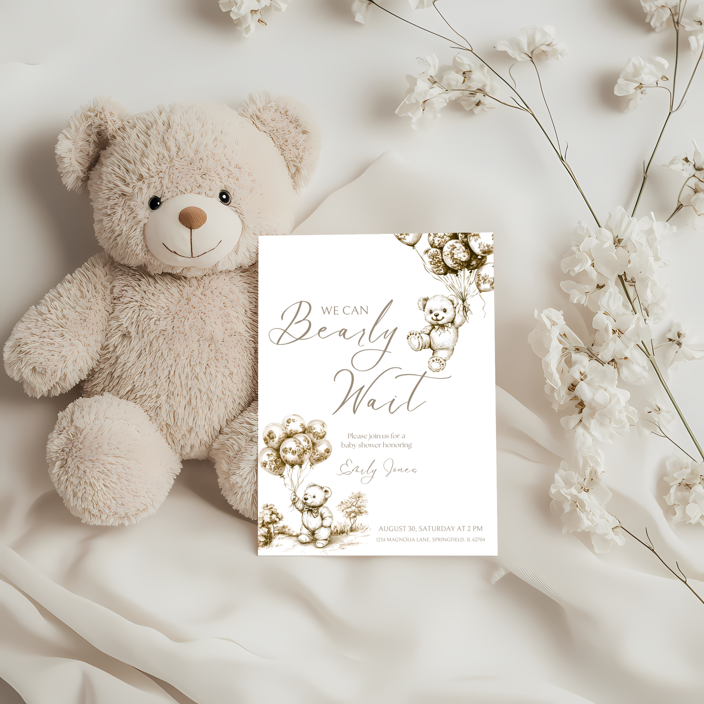 Baby Shower Invitation - Beige Bearly Wait Toile de Jouy BS36