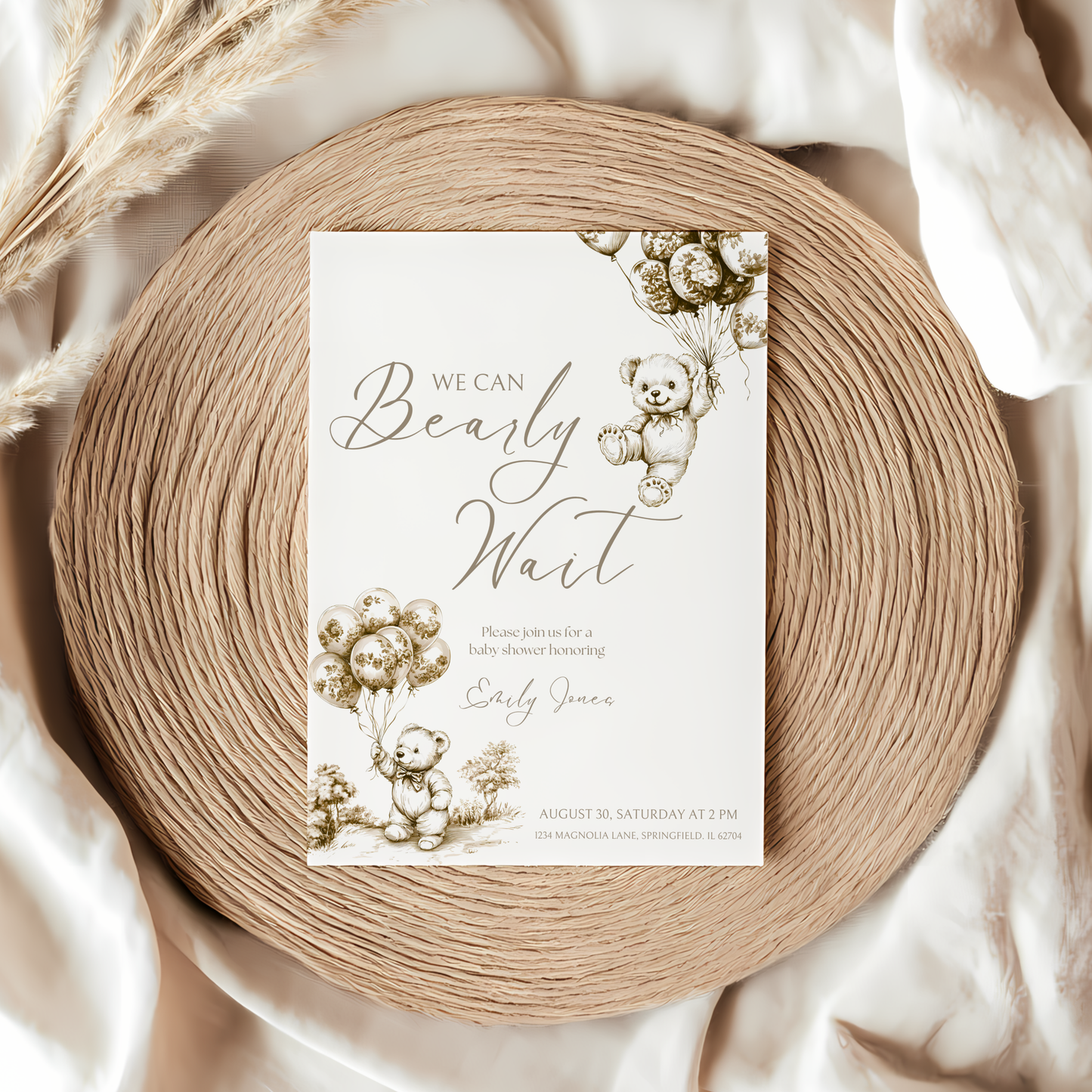 Baby Shower Invitation - Beige Bearly Wait Toile de Jouy BS36