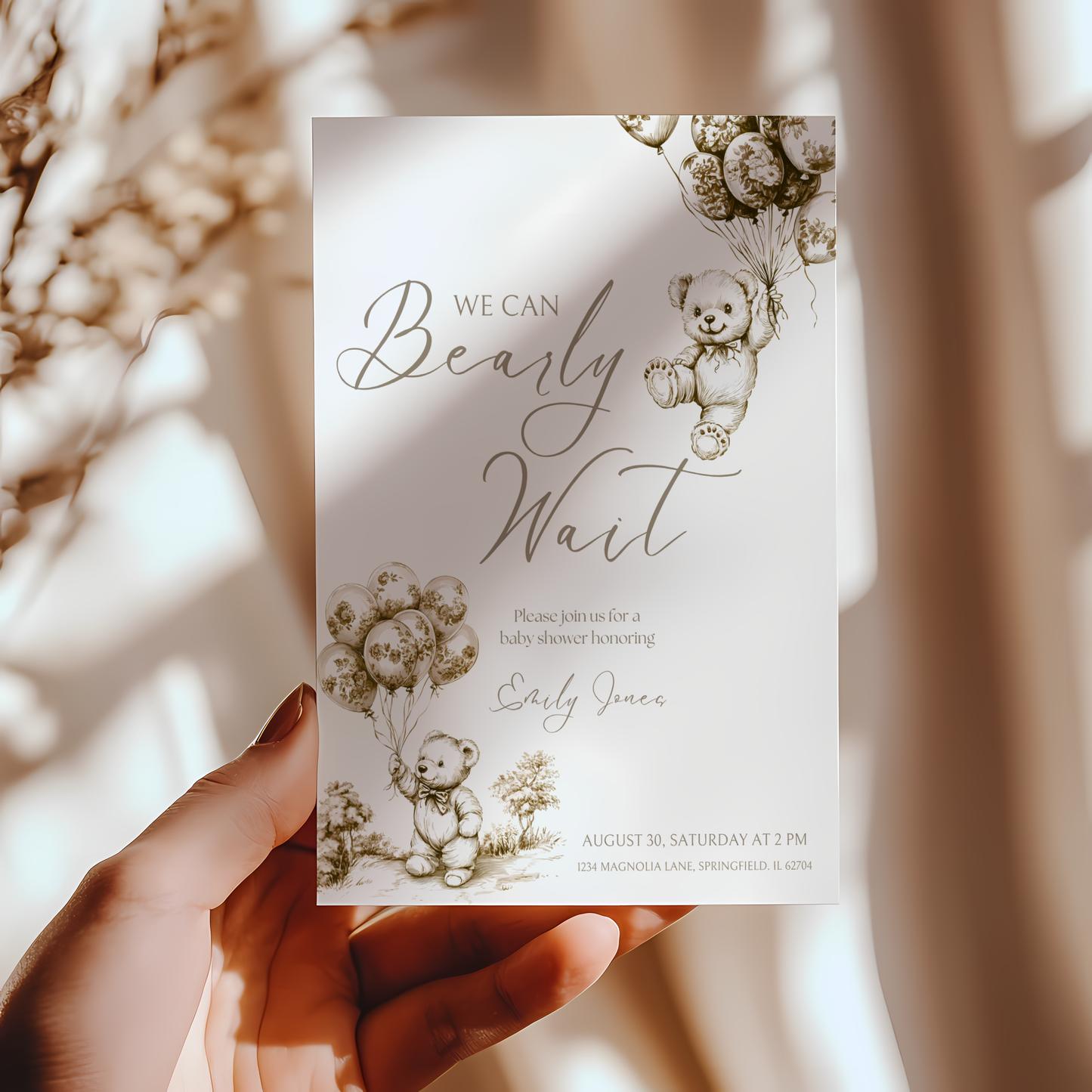 Baby Shower Invitation - Beige Bearly Wait Toile de Jouy BS36