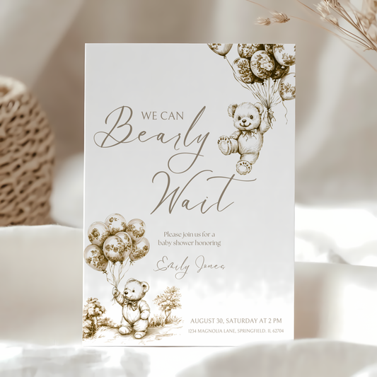 Baby Shower Invitation - Beige Bearly Wait Toile de Jouy BS36