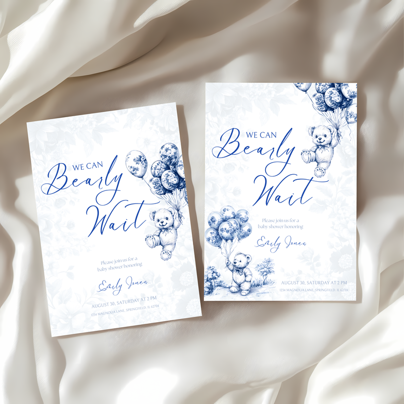 Baby Shower Invitation - Blue Bearly Wait Toile de Jouy BS35