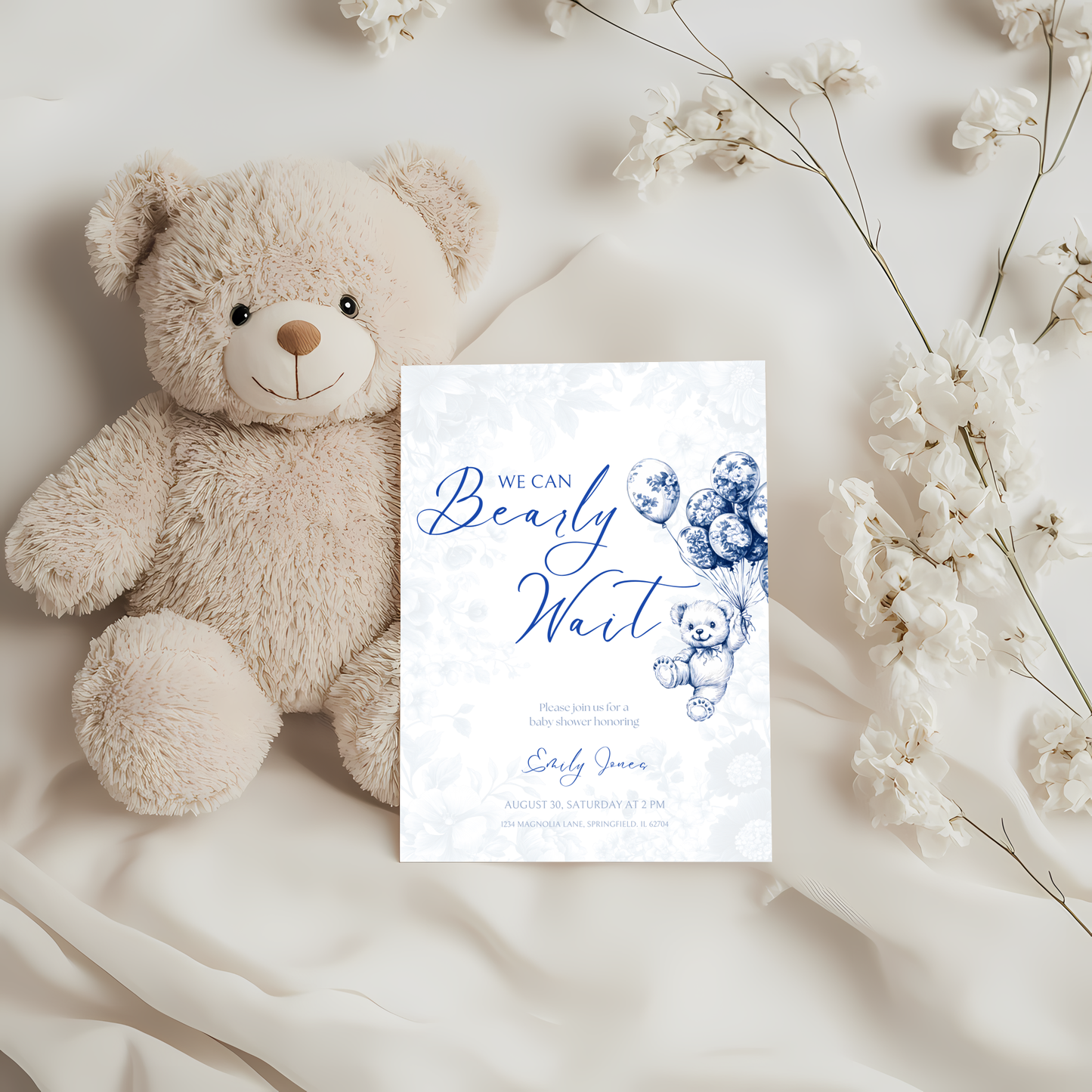 Baby Shower Invitation - Blue Bearly Wait Toile de Jouy BS35