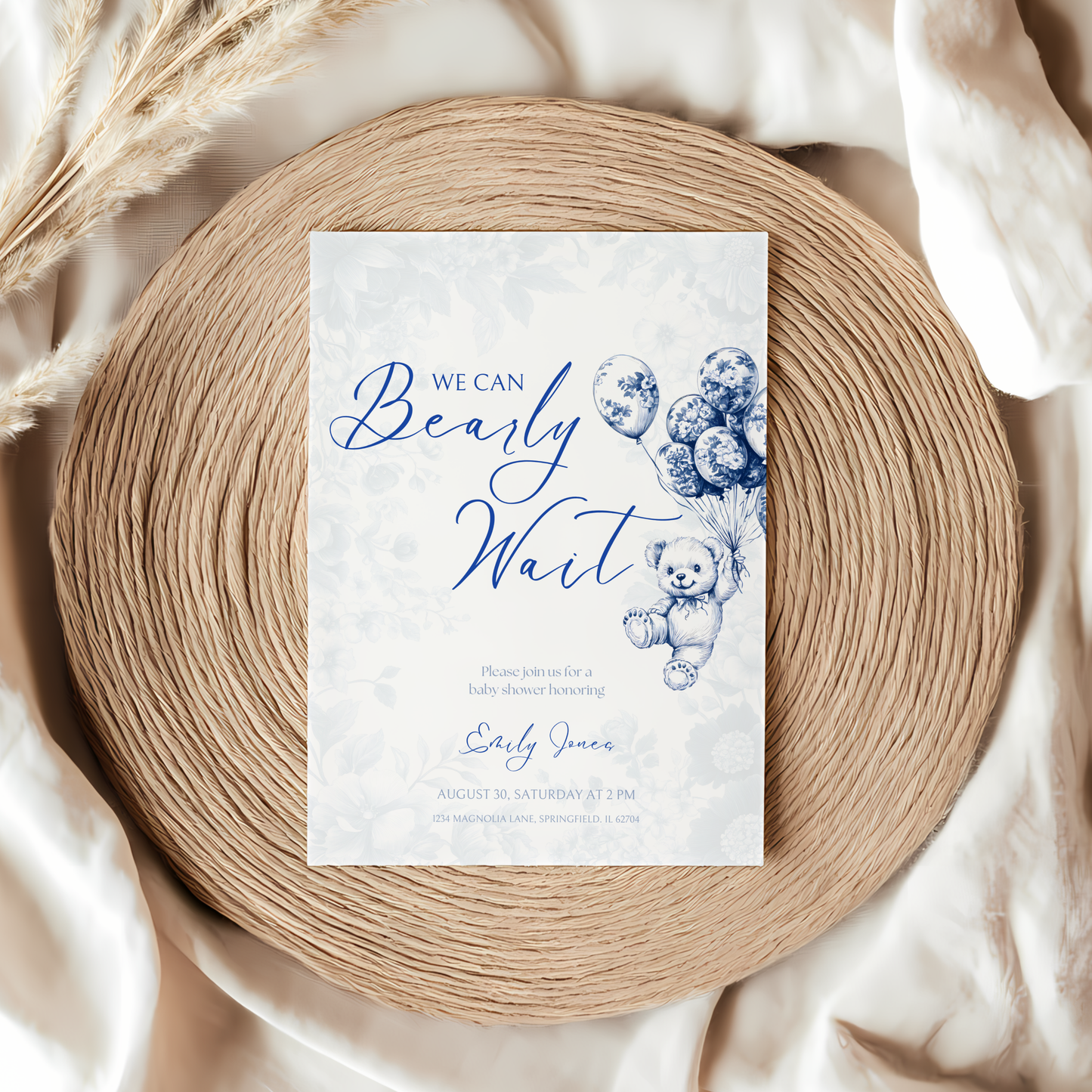 Baby Shower Invitation - Blue Bearly Wait Toile de Jouy BS35