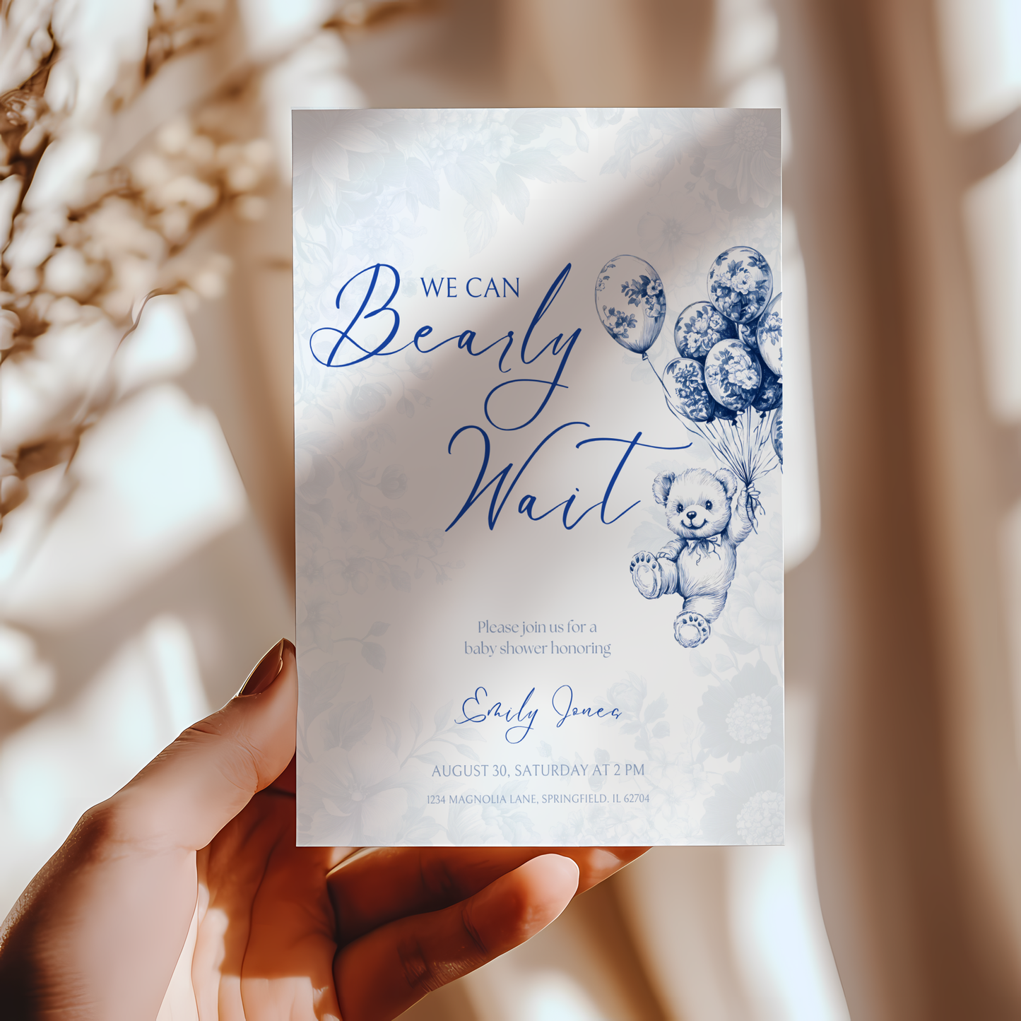 Baby Shower Invitation - Blue Bearly Wait Toile de Jouy BS35