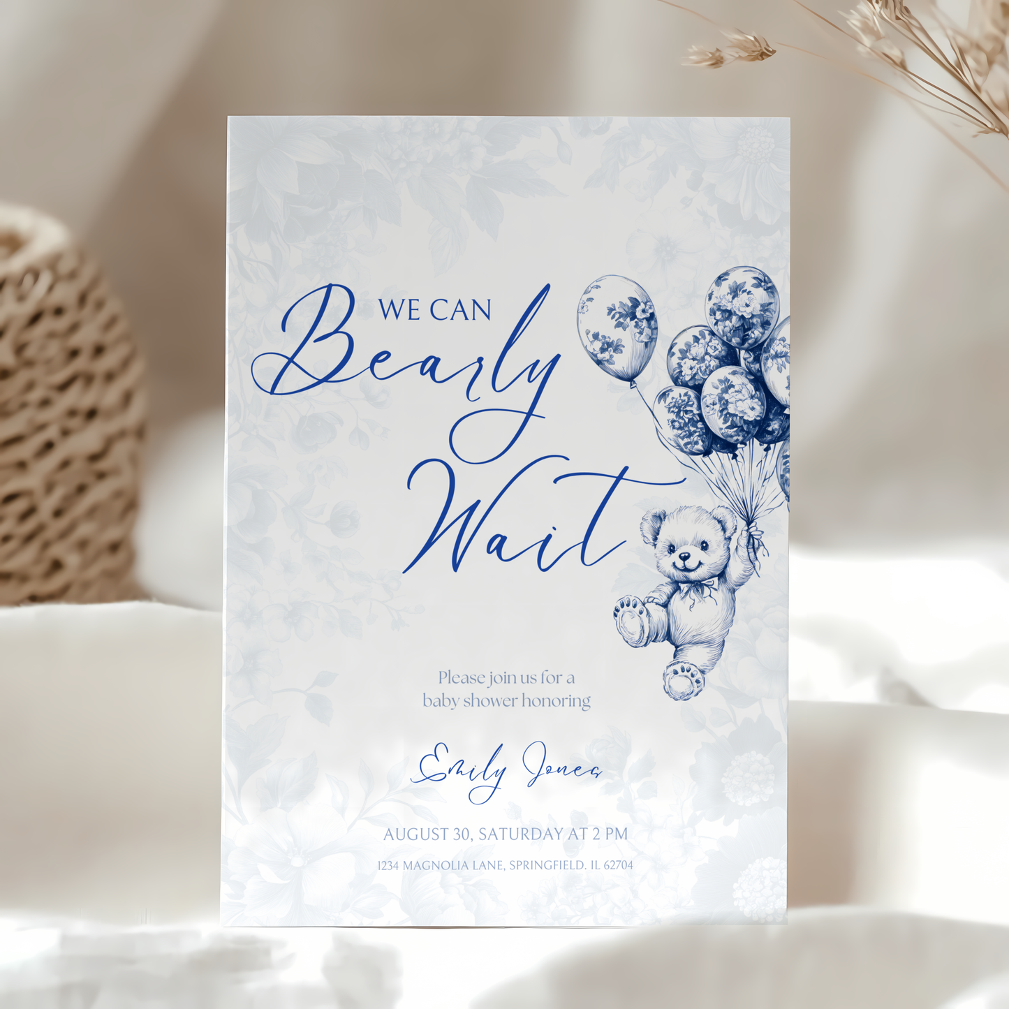 Baby Shower Invitation - Blue Bearly Wait Toile de Jouy BS35