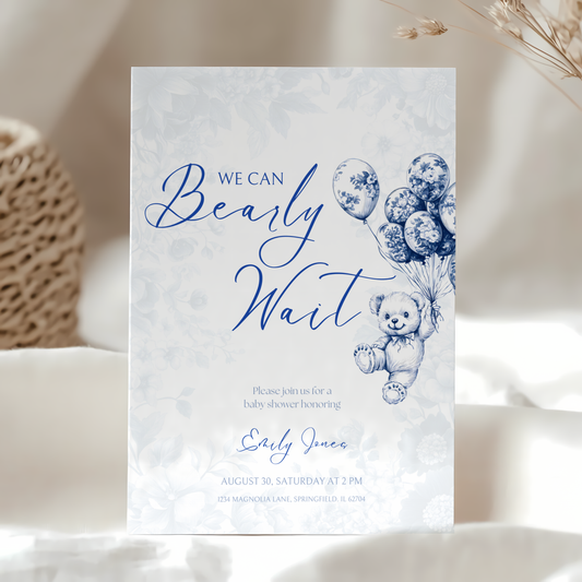Baby Shower Invitation - Blue Bearly Wait Toile de Jouy BS35