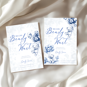 Baby Shower Invitation - Blue Bearly Wait Toile de Jouy BS35