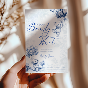 Baby Shower Invitation - Blue Bearly Wait Toile de Jouy BS35