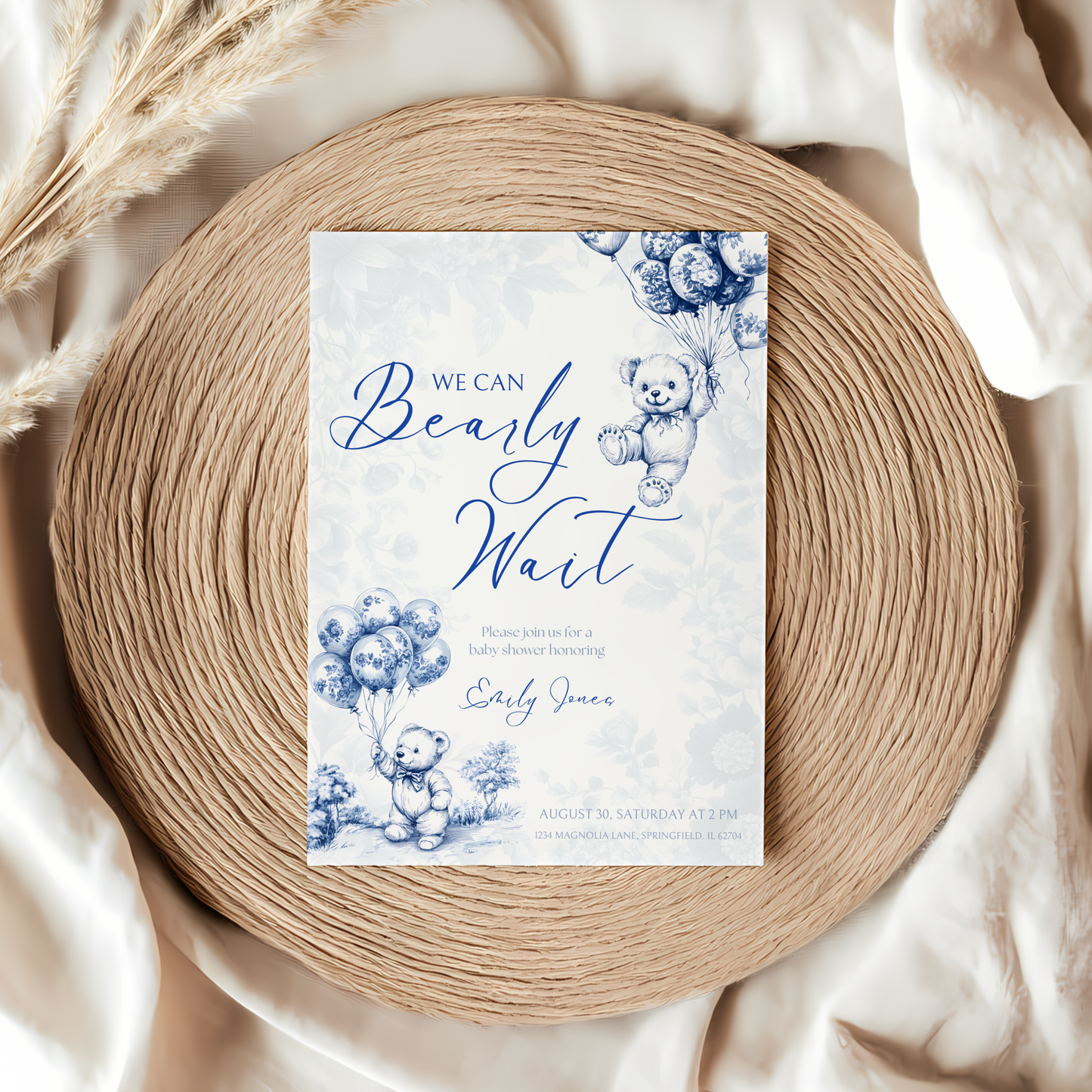 Baby Shower Invitation Bundle - Blue Bearly Wait Toile de Jouy BS35