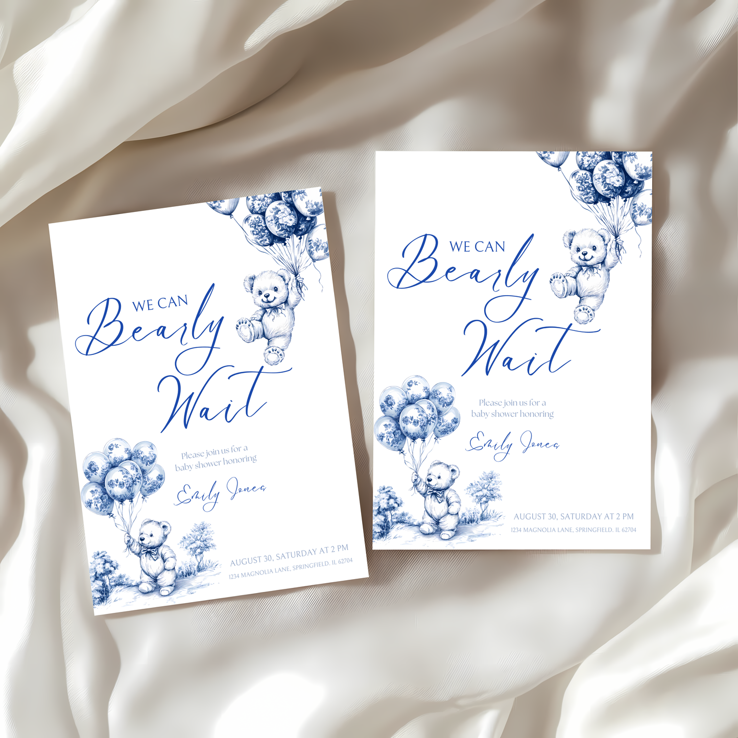 Baby Shower Invitation - Blue Bearly Wait Toile de Jouy BS35
