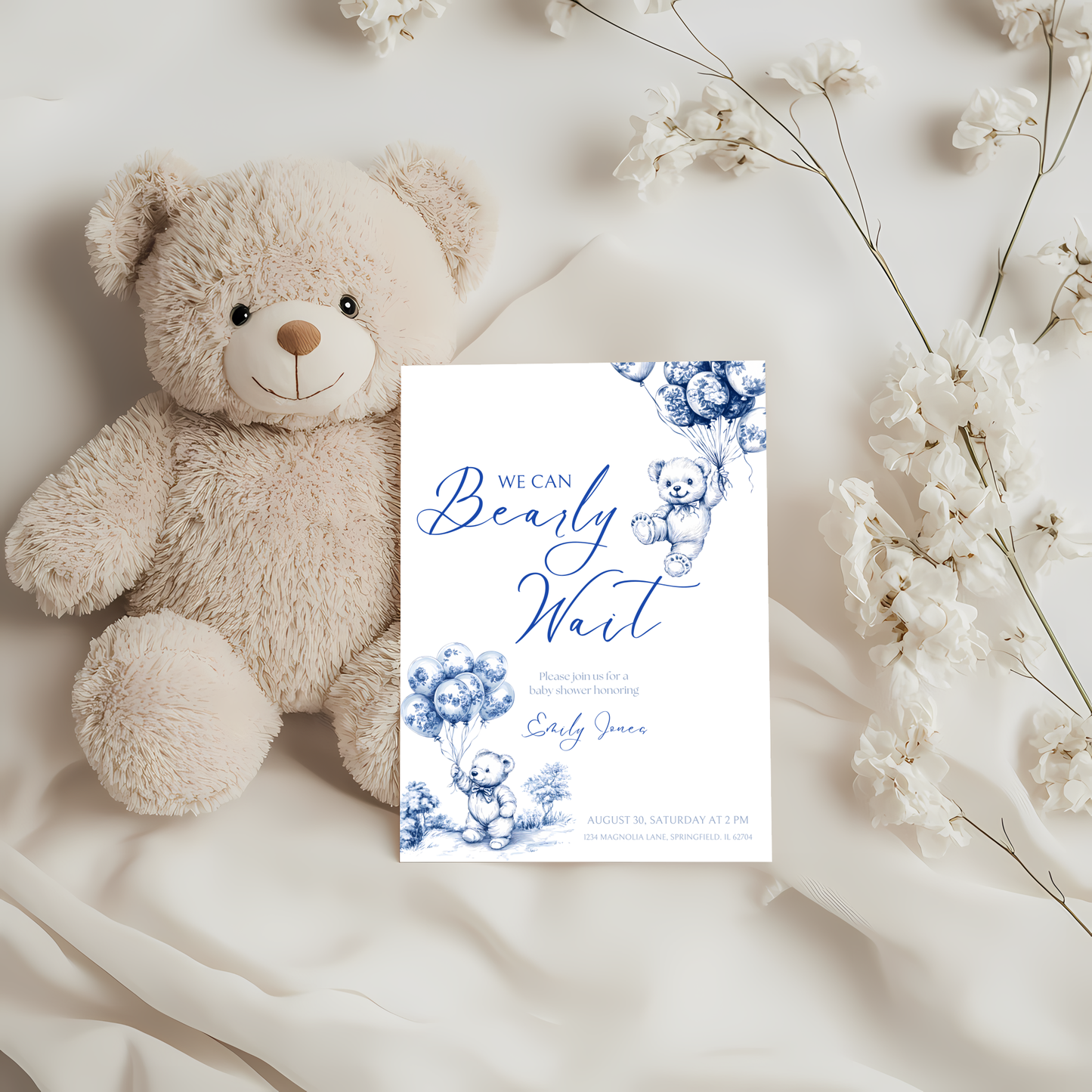 Baby Shower Invitation - Blue Bearly Wait Toile de Jouy BS35