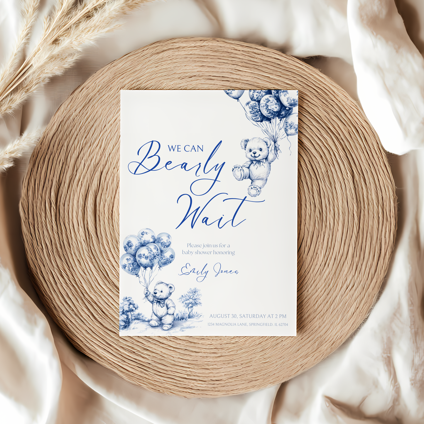 Baby Shower Invitation - Blue Bearly Wait Toile de Jouy BS35