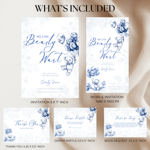Baby Shower Invitation Bundle - Blue Bearly Wait Toile de Jouy BS35