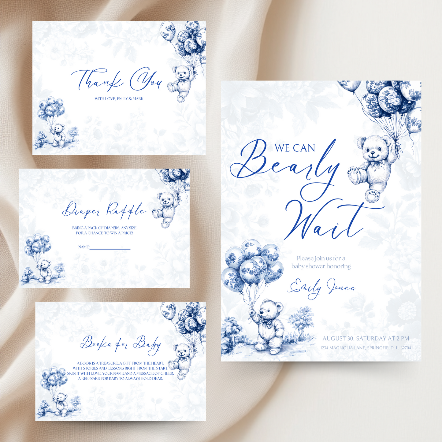 Baby Shower Invitation Bundle - Blue Bearly Wait Toile de Jouy BS35
