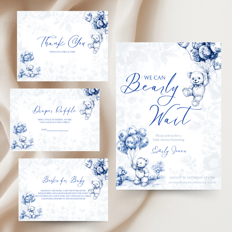 Baby Shower Invitation Bundle - Blue Bearly Wait Toile de Jouy BS35