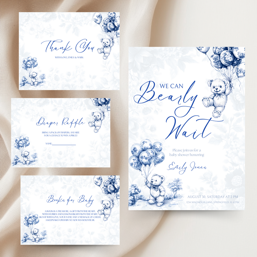 Baby Shower Invitation Bundle - Blue Bearly Wait Toile de Jouy BS35