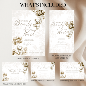Baby Shower Invitation Bundle - Beige Bearly Wait Toile de Jouy BS36