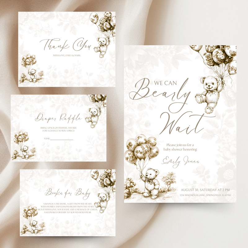 Baby Shower Invitation Bundle - Beige Bearly Wait Toile de Jouy BS36