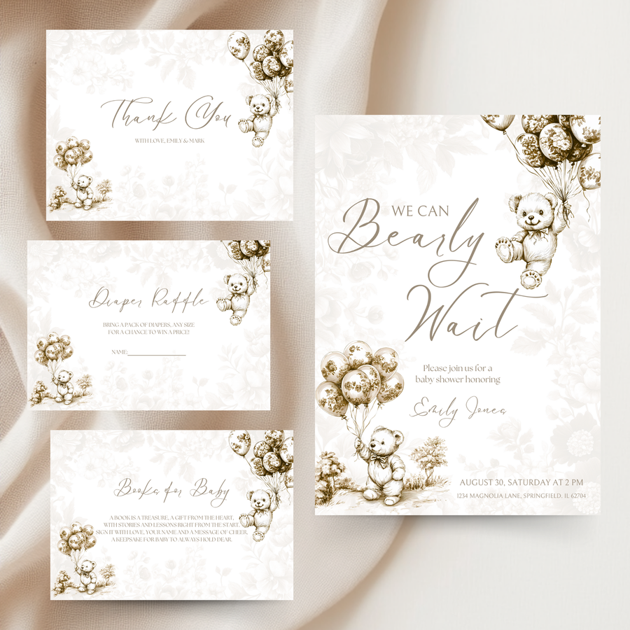Baby Shower Invitation Bundle - Beige Bearly Wait Toile de Jouy BS36