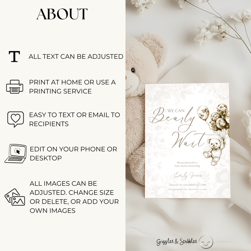 Baby Shower Invitation Bundle - Beige Bearly Wait Toile de Jouy BS36